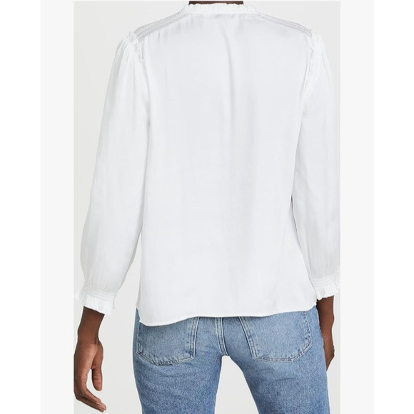 PAIGE Kaylynn Smocked Blouse Tassels City Chic Matte Satin Boho White Womens M - Picture 3 of 16